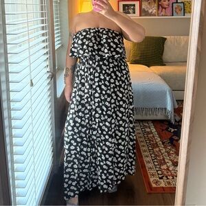Daisy floral Strapless Cotton  Maxi Dress - Black and White